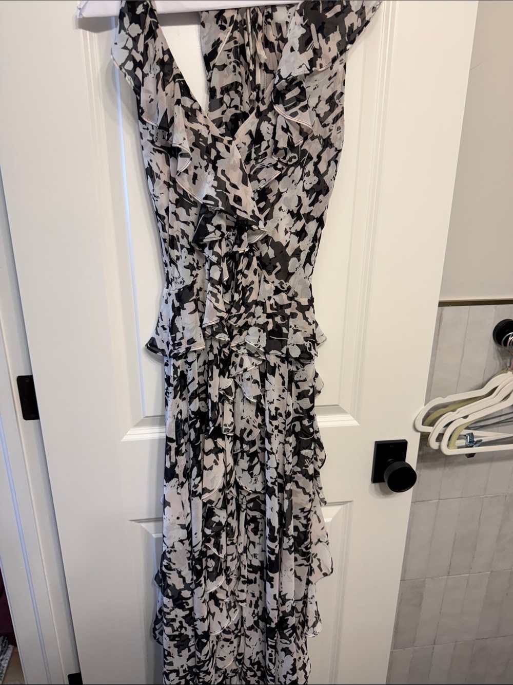 Misa Los Angeles Black and White Abstract Ruffle Maxi Dress